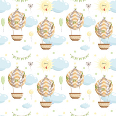 Cute funny childish seamless pattern with hot air balloon. Hand drawn cartoon with clouds, balloons, flag papers and sun. Perfect for kids' fabric, textile, wrapping.Vector Illustration. 