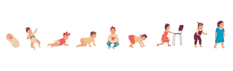 Baby girl. Cute little kid growing up process, stages of human development from newborn to walking child. Cartoon toddler learning skills. Life periods, childhood timeline. Vector infant activity set