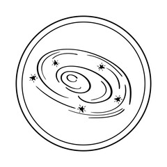 View from the porthole to the starry sky.  Heliocentric system in the style of doodles.Vector illustration isolated on a white background.
