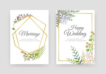 Wedding floral posters. Elegant invitation cards. Golden geometric frames and decorative natural elements. Greeting postcards with copy space and calligraphy lettering font, vector marriage banner set
