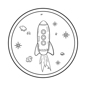 recommend clip art: Rocket, stars and asteroids from the porthole. Space object in the style of the doodles.Vector illustration isolated on a white background.