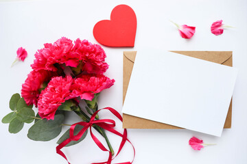 Happy Valentine's Day greeting card. bouquet of flowers and red heart on white background 