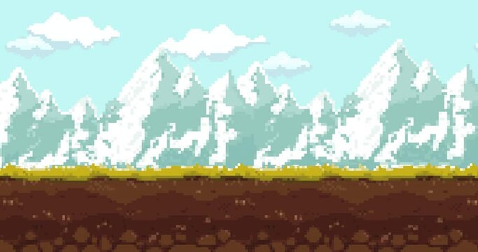 Pixel animation. Clouds, mountains for video game. Pixel art 8 bit