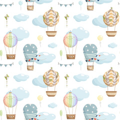 Vector seamless pattern with hot air balloons, clouds, kite, balloons and clouds. Fun hand drawn children texture, background for kids in pastel color. 