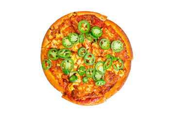 Isolated fresh jalapeño cheese pizza on a white background