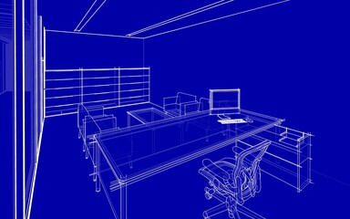 3d illustration perspective of a small office room with furniture. Architectural drawing in blueprint style. White lines on dark blue background.