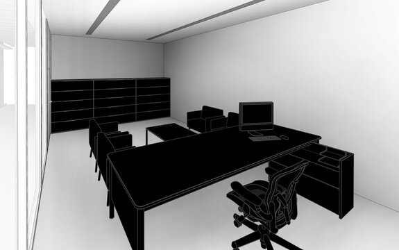 3d illustration perspective of a small office room with furniture. Black colored decoration with ambient shadows on the walls.