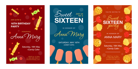 Invitation cards with candies and ice cream set. Cones, sweets, bars, lollypop vector illustrations with text, time and date. Birthday party and dessert concept for posters and flyers design