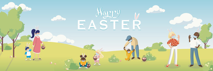 Easter poster and banner template with people, children, wearing masks. Egg hunt with social distance in a pandemic. Congratulations and gifts for Easter Day in flat lay style. Easter promotion and sh