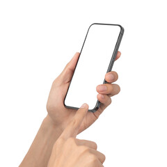 Male hand holding the black smartphone and touching on blank screen isolated on white background with clipping path.
