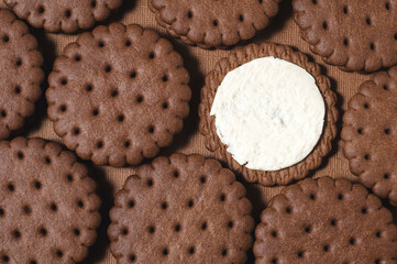 Texture background of rows of chocolate-cream cookies. One cookie with white buttercream.