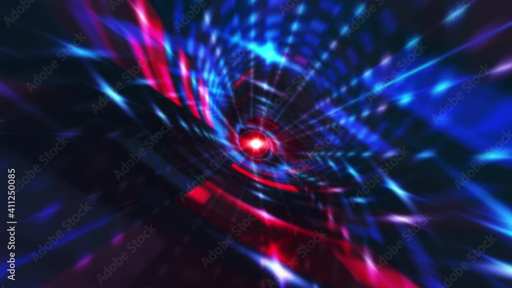 Poster abstract flight into blue red digital lights, neon glowing rays in motion digital technological tunn