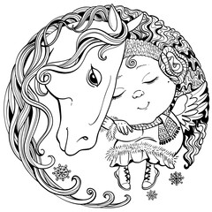 Vector black and white illustration of a round shape. The little angel sleeps peacefully on the back of a horse with a long mane.