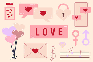 Set of elements for Valentines Day. Love vector illustration. The 14th of February. Drawings for a postcard and a banner. social networks, online communication. 