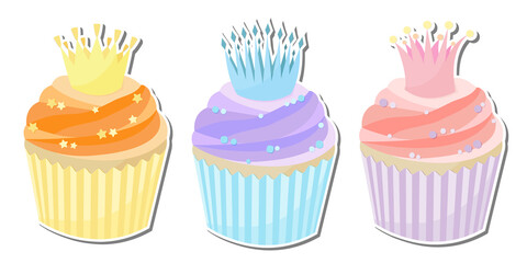 Cute set of three delicious stickers cupcakes with crowns in pastel shades. Stock vector illustration isolated on white background. Can be used as stickers - cupcakes, cakes, sweet pastries.
