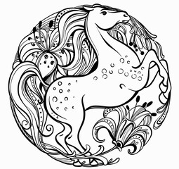 Romantic black and white vector illustration of graceful line in the shape of a circle. A beautiful horse with a gorgeous mane surrounded by flowers.