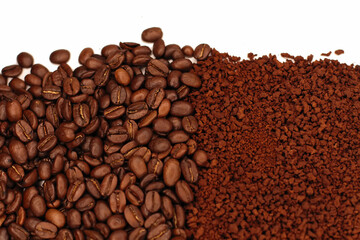 Naklejka premium agriculture, arabic, aroma, aromatic, backdrop, background, bean, beverage, black, brazil, breakfast, brown, cafe, caffeine, cappuccino, close, close-up, closeup, coffee bean, coffee cup, coffee powde