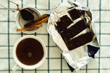 Tea ceremony. Hot tea. Steam from a mug of tea. Early breakfast.