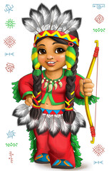 Bright cartoon of a cute Native American girl in the national costume of the culture of North America