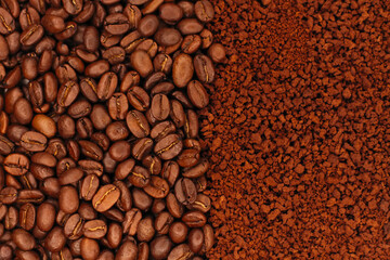 Three types of coffee. Coffee beans, ground coffee and instant coffee