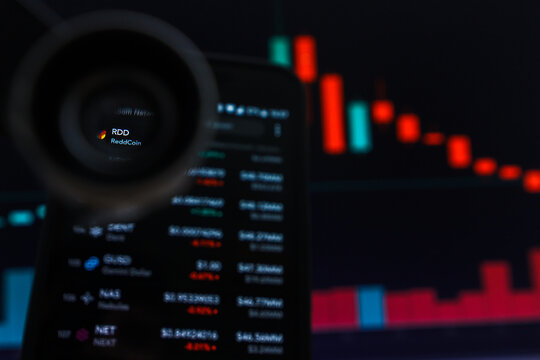 SAN FRANCISCO, US - 9 May 2019: A Graph of Decreasing Trend of RDD ReddCoin Cryptocurrency. The Illustration of Red Candles Bar Falling Down Trend, San Francisco, California, USA