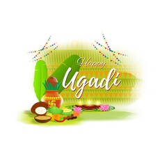 Vector illustration concept of Happy Ugadi greeting with kalasha and traditional food. Also called Gudi Padwa. South Indian New Year's Day.