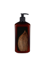 Brown glossy plastic bottle with pump dropper and with the image of a coconut isolated on white background.