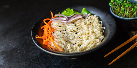 fish rice noodles or wheat glass cellophane pasta seafood salmon ready to eat on the table meal snack top view copy space for text food background image rustic diet pescetarian