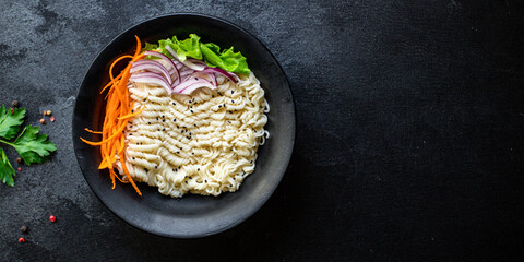 fish rice noodles or wheat glass cellophane pasta seafood salmon ready to eat on the table meal snack top view copy space for text food background image rustic diet pescetarian