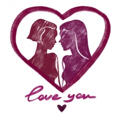 Beautiful lgbt couple drawn by hand. Lesbians. Card for Valentines Day