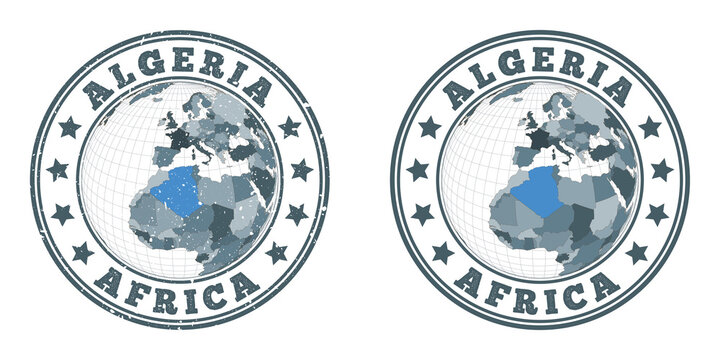 Algeria round logos. Circular badges of country with map of Algeria in world context. Plain and textured country stamps. Vector illustration.