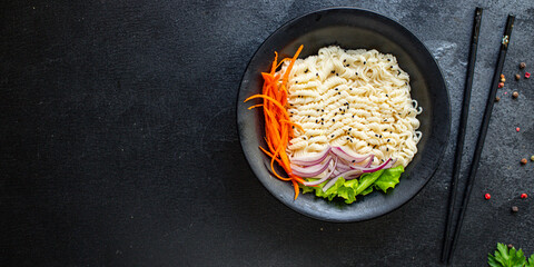 fish rice noodles or wheat glass cellophane pasta seafood salmon ready to eat on the table meal snack top view copy space for text food background image rustic diet pescetarian