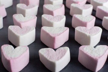 Love heart marshmallows lined up