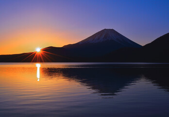 Sunrise and Mt. Fuji from Lake Motosu  Japan 02/05/2021