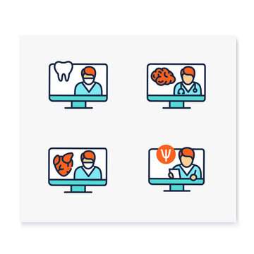  Telehealth color icons set. Video meetings doctors with patients. Remote healthy check. Telemedicine, health care concept. Online medical examinations. Isolated vector illustrations