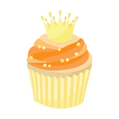 Yellow cupcake with a cute crown, cartoon style. Stock vector illustration isolated on white background. Can be used as a sticker, as a separate element for a baking theme, for bakery, for candy store