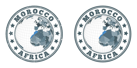 Obraz premium Morocco round logos. Circular badges of the country with a map of Morocco in a world context. Plain and textured country stamps. Vector illustration.