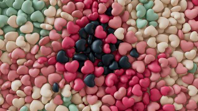 Multicolored Heart Background. Valentine Wallpaper With Pink, White And Green Love Hearts. 3D Render 