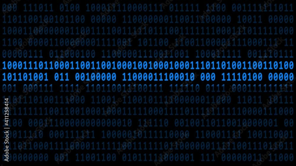 Poster abstract motion over varying blue binary code background in 4k - brightening via light bar in vertic