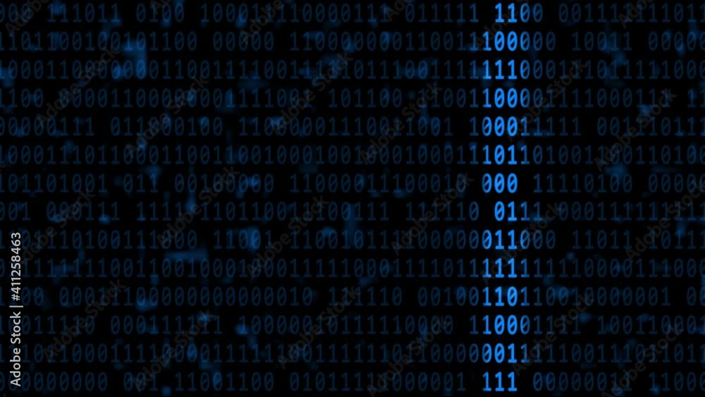 Poster abstract motion over varying blue binary code background in 4k - brightening via light bar in horizo