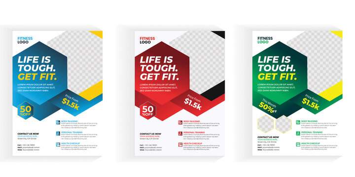 Fitness Gym Flyer Template, Sport flyer with photo template Free Vector, Always fit your body by best training center flyer template with green color. Free Vector