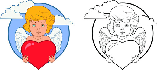 Angelic beings with heart coloring book for children. Happy Valentine's Day card with Cupid isolated clipart. Art design for birthday, wedding card or Valentine's day. Character for congratulation