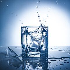  Water splash in glass with ice. Studio shoot.