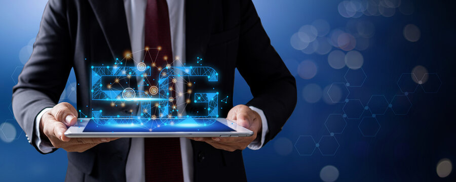 5G network symbol with line connection, businessman holding tablet with internet service and online network concept