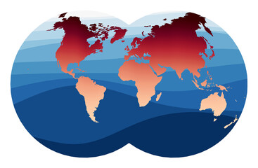 World Map Vector. Van der Grinten IV projection. World in red orange gradient on deep blue ocean waves. Captivating vector illustration.