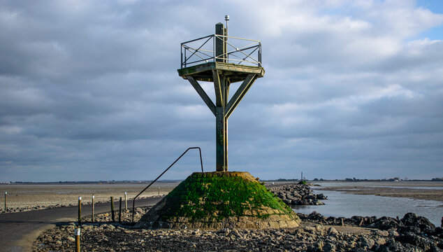 Vendée, France; January 15, 2021: photo of a refuge at low tide located at the Passage du Gois, a submersible road to reach the island of Noirmoutier.

