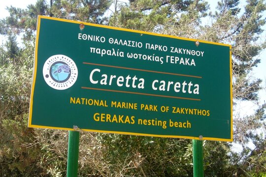 National Marine Park of Zakhyntos information board- Gerakas nesting beach. Loggerhead sea turtle nesting site. Caretta caretta turtles. Zakhyntos, Greece - August 11 2010