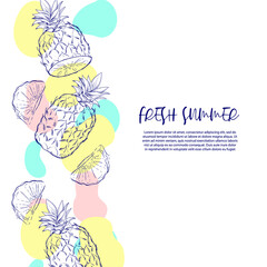 Invitation or greeting card or banner template with exotic pineapple, sketch style vector illustration with colorful elements. Summer poster layout with hand drawn pineapples or ananases.