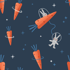  Bunny astronaut in Carrot rocket in Veggie space seamless vector pattern. Extraterrestrial fictional childish background for textile apparel design print