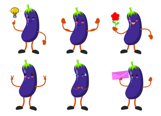 Set Cartoon eggplant with various emotions pose